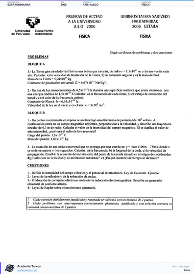 Vista previa de Examen PAU de Física de País Vasco 2006 – Extraordinaria