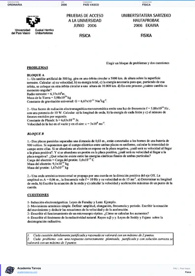 Vista previa de Examen PAU de Física de País Vasco 2006 – Ordinaria