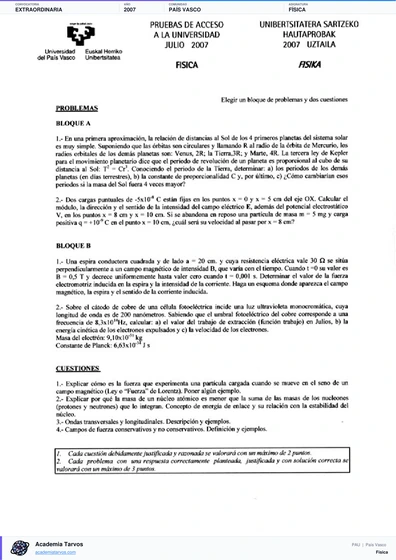 Vista previa de Examen PAU de Física de País Vasco 2007 – Extraordinaria