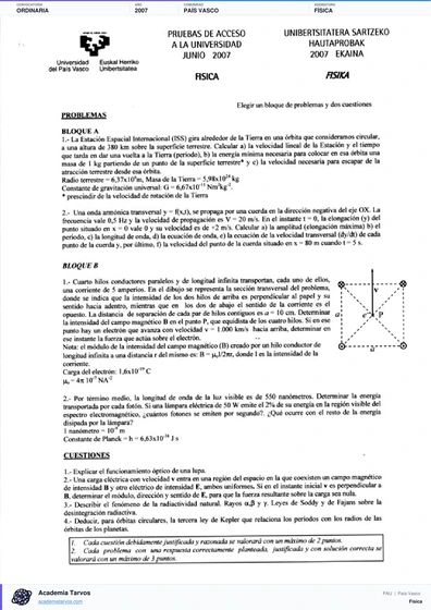 Vista previa de Examen PAU de Física de País Vasco 2007 – Ordinaria