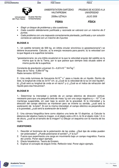 Vista previa de Examen PAU de Física de País Vasco 2008 – Extraordinaria
