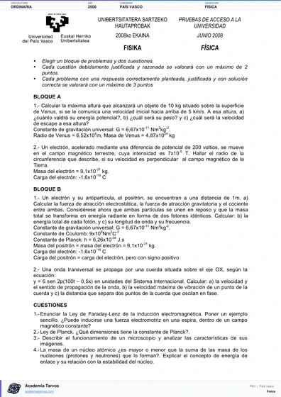Vista previa de Examen PAU de Física de País Vasco 2008 – Ordinaria