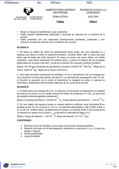 Vista previa de Examen PAU de Física de País Vasco 2009 – Extraordinaria