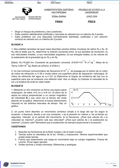 Vista previa de Examen PAU de Física de País Vasco 2009 – Ordinaria