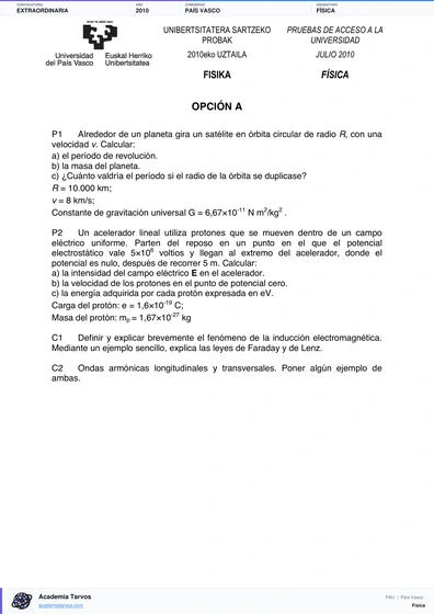 Vista previa de Examen PAU de Física de País Vasco 2010 – Extraordinaria