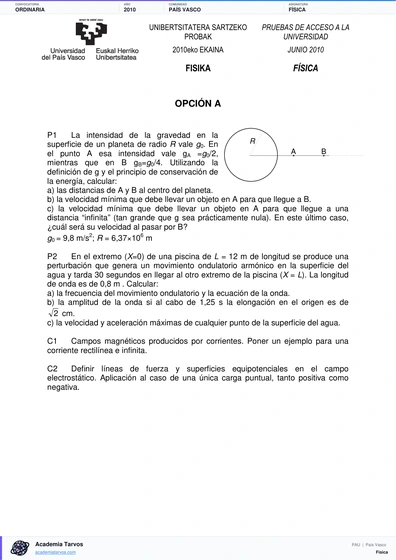 Vista previa de Examen PAU de Física de País Vasco 2010 – Ordinaria