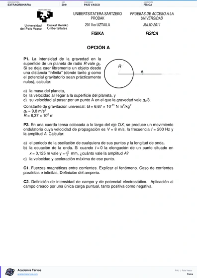 Vista previa de Examen PAU de Física de País Vasco 2011 – Extraordinaria