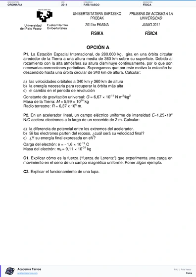 Vista previa de Examen PAU de Física de País Vasco 2011 – Ordinaria