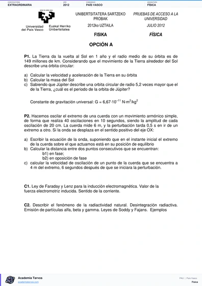 Vista previa de Examen PAU de Física de País Vasco 2012 – Extraordinaria