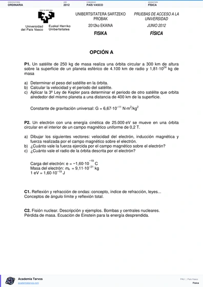Vista previa de Examen PAU de Física de País Vasco 2012 – Ordinaria