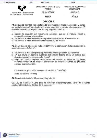 Vista previa de Examen PAU de Física de País Vasco 2013 – Extraordinaria