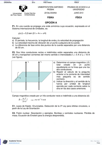 Vista previa de Examen PAU de Física de País Vasco 2013 – Ordinaria