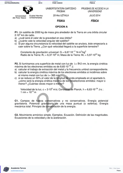 Vista previa de Examen PAU de Física de País Vasco 2014 – Extraordinaria