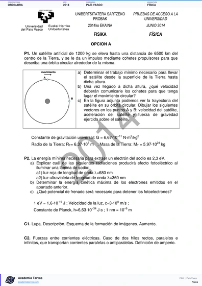 Vista previa de Examen PAU de Física de País Vasco 2014 – Ordinaria