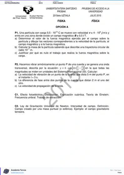 Vista previa de Examen PAU de Física de País Vasco 2015 – Extraordinaria