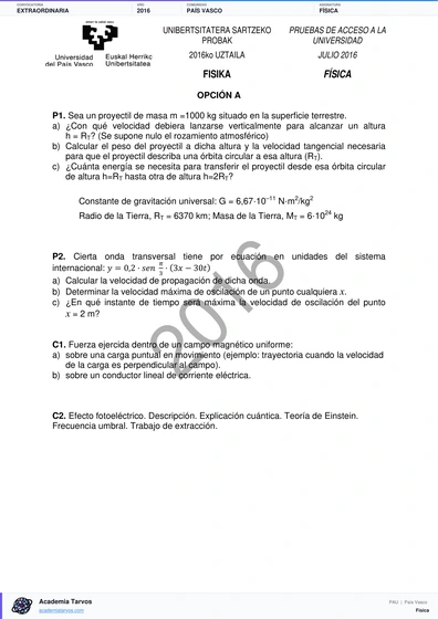 Vista previa de Examen PAU de Física de País Vasco 2016 – Extraordinaria