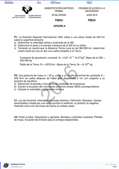 Vista previa de Examen PAU de Física de País Vasco 2016 – Ordinaria