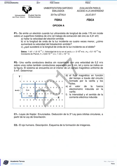 Vista previa de Examen PAU de Física de País Vasco 2017 – Extraordinaria