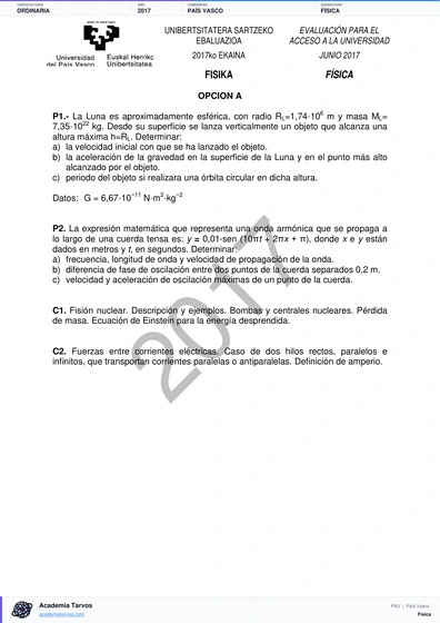 Vista previa de Examen PAU de Física de País Vasco 2017 – Ordinaria