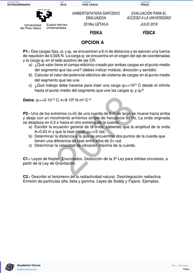 Vista previa de Examen PAU de Física de País Vasco 2018 – Extraordinaria