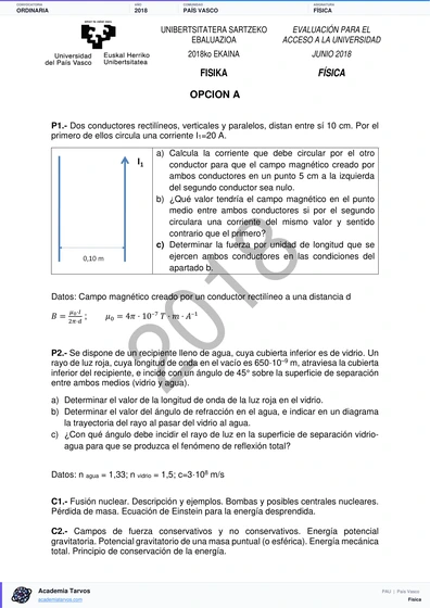 Vista previa de Examen PAU de Física de País Vasco 2018 – Ordinaria