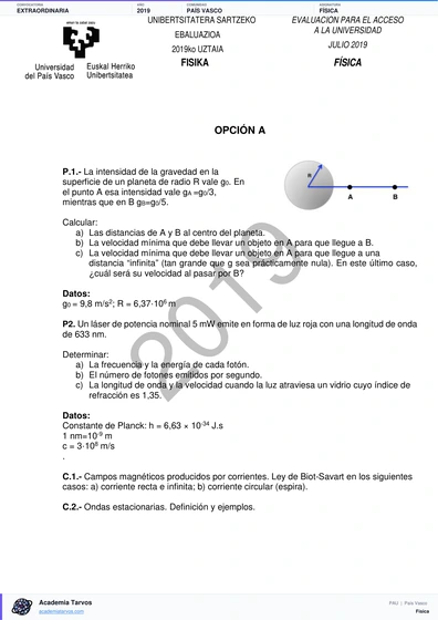 Vista previa de Examen PAU de Física de País Vasco 2019 – Extraordinaria