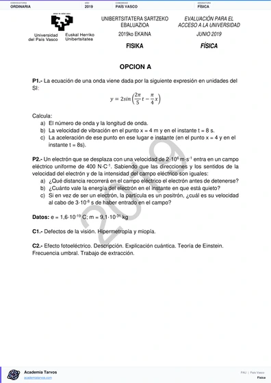 Vista previa de Examen PAU de Física de País Vasco 2019 – Ordinaria