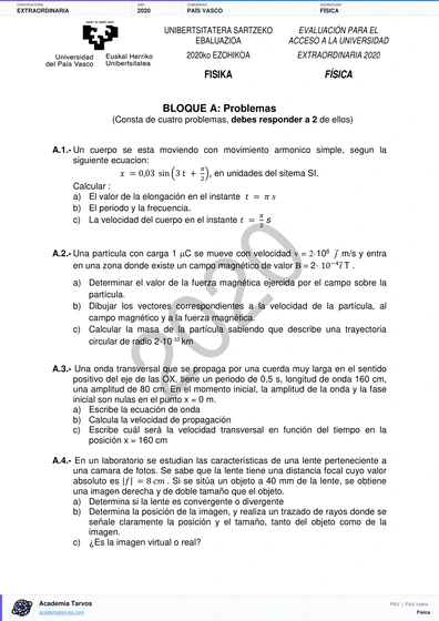 Vista previa de Examen PAU de Física de País Vasco 2020 – Extraordinaria