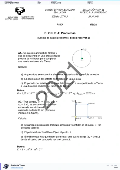 Vista previa de Examen PAU de Física de País Vasco 2021 – Extraordinaria
