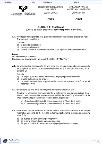 Vista previa de Examen PAU de Física de País Vasco 2021 – Ordinaria