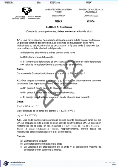 Vista previa de Examen PAU de Física de País Vasco 2022 – Ordinaria