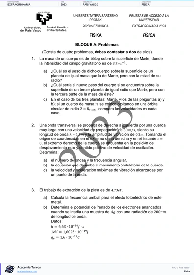 Vista previa de Examen PAU de Física de País Vasco 2023 – Extraordinaria