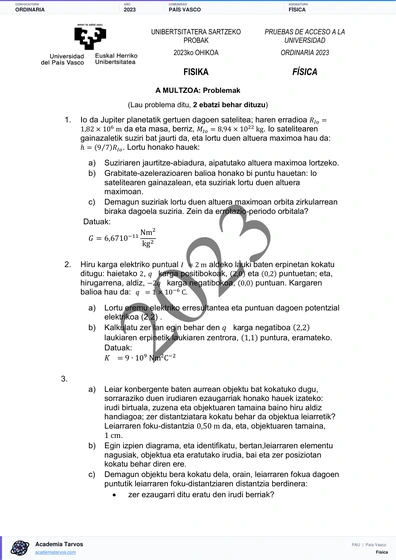Vista previa de Examen PAU de Física de País Vasco 2023 – Ordinaria