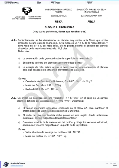 Vista previa de Examen PAU de Física de País Vasco 2024 – Extraordinaria