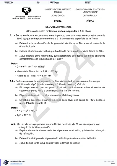Vista previa de Examen PAU de Física de País Vasco 2024 – Ordinaria