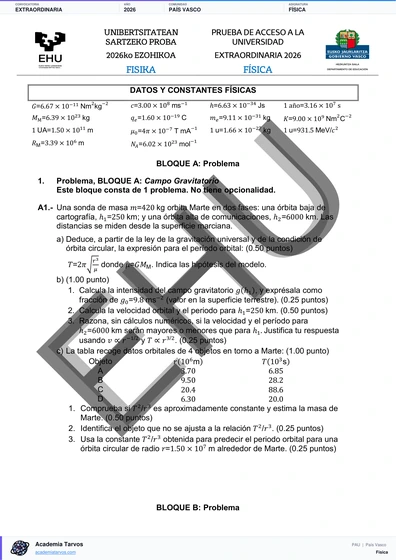 Vista previa de Examen PAU de Física de País Vasco 2026 – Extraordinaria