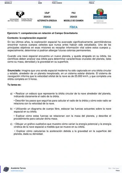 Vista previa de Modelo PAU de Física de País Vasco 2026