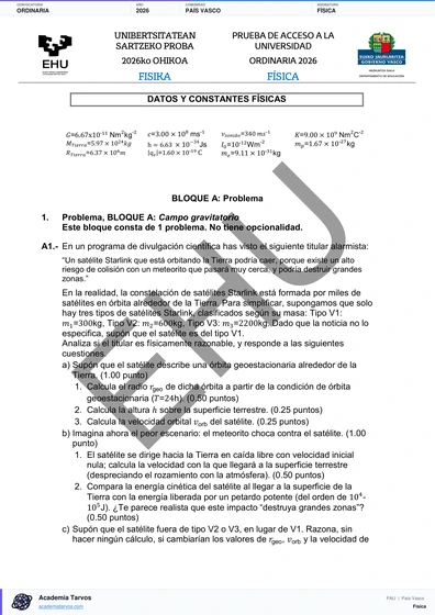Vista previa de Examen PAU de Física de País Vasco 2026 – Ordinaria