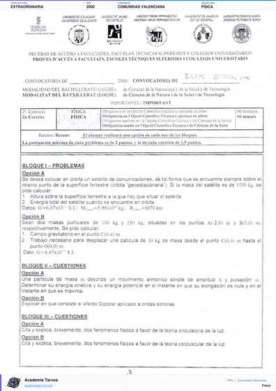 Vista previa de Examen PAU de Física de Comunitat Valenciana 2000 – Extraordinaria