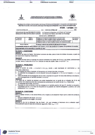 Vista previa de Examen PAU de Física de Comunitat Valenciana 2001 – Extraordinaria