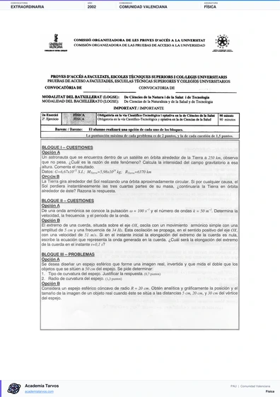 Vista previa de Examen PAU de Física de Comunitat Valenciana 2002 – Extraordinaria
