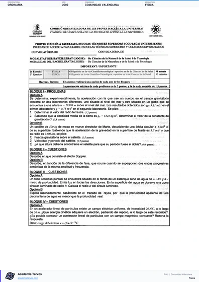 Vista previa de Examen PAU de Física de Comunitat Valenciana 2002 – Ordinaria