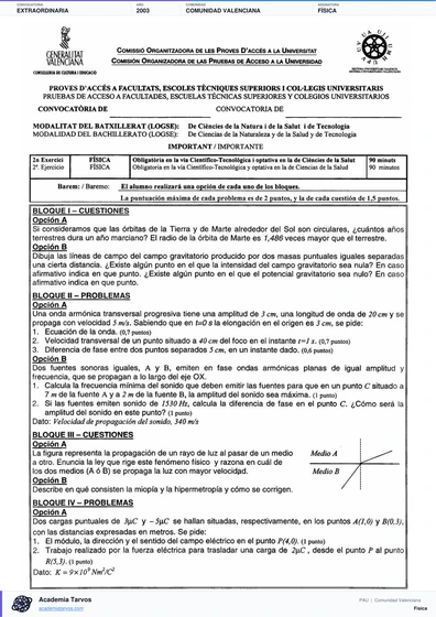 Vista previa de Examen PAU de Física de Comunitat Valenciana 2003 – Extraordinaria