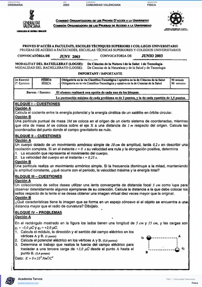Vista previa de Examen PAU de Física de Comunitat Valenciana 2003 – Ordinaria