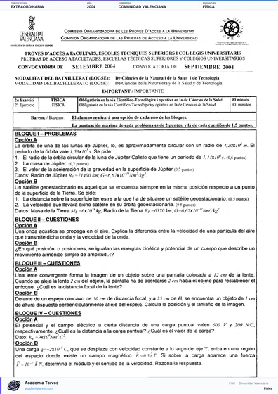 Vista previa de Examen PAU de Física de Comunitat Valenciana 2004 – Extraordinaria