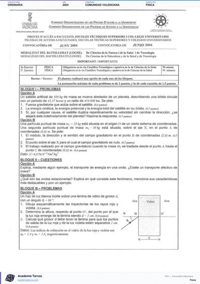 Vista previa de Examen PAU de Física de Comunitat Valenciana 2004 – Ordinaria