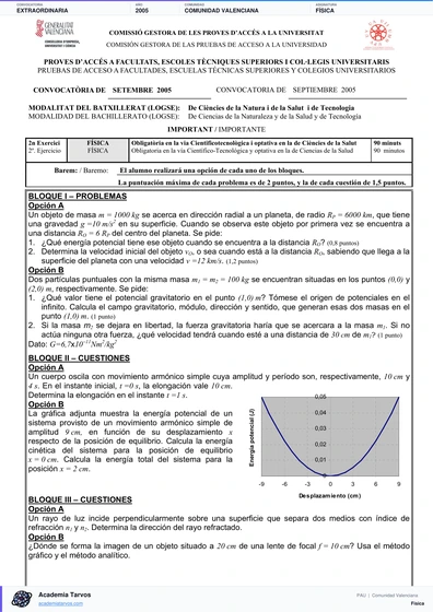 Vista previa de Examen PAU de Física de Comunitat Valenciana 2005 – Extraordinaria