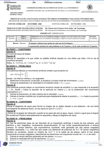 Vista previa de Examen PAU de Física de Comunitat Valenciana 2006 – Extraordinaria