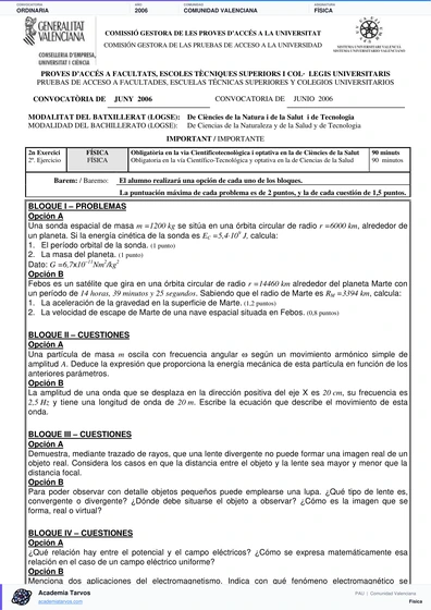 Vista previa de Examen PAU de Física de Comunitat Valenciana 2006 – Ordinaria