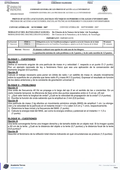 Vista previa de Examen PAU de Física de Comunitat Valenciana 2007 – Extraordinaria